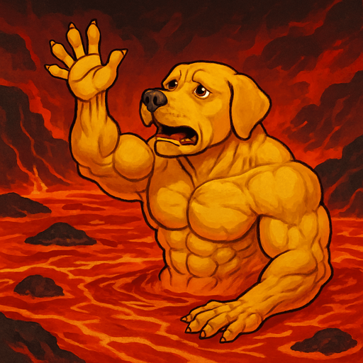 Super buff Golden dog with a hand up laying falling in lava holding his hand out for help. full body. Facing right.
2d.