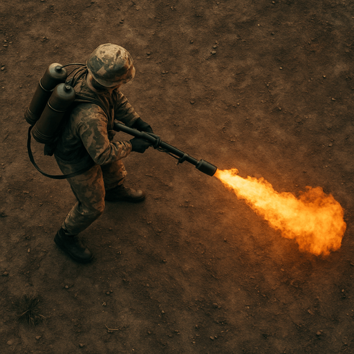 Army soldier with flamethrower, top view from drone