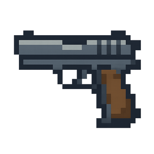 A pixelated gun.
Single Game Texture.  In-Game asset.  2d.  Blank background.  High contrast.  No shadows