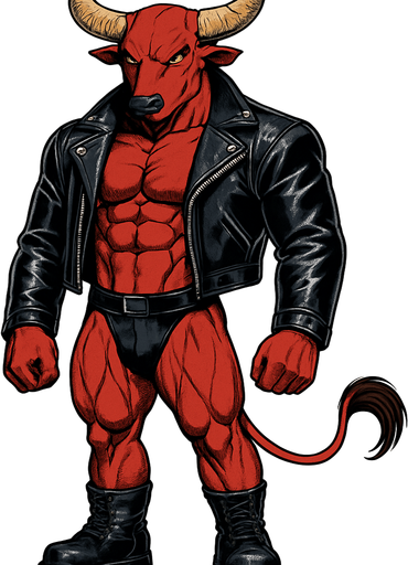 idle animation hunky Minotaur man Cyberpunk manga, minotaur monster hunk, shiny black leather biker jacket longsleeves shirtless muscles, jockstrap combat boots, Background removed, "Full-body character, entirely in frame, no cropping of face, head, or feet" "Complete character visible, from horns to hooves, fully centered in the image" "Entire character, including face and boots, fully within the frame" Character fully contained within a square frame, no edges cut off fashion model idle pose