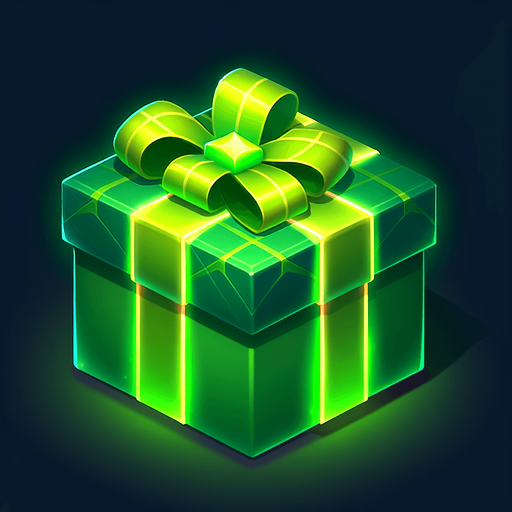 Christmas gift with glowing green wrapping paper Single Game Texture. In-Game asset. 2d. Blank background. High contrast. No shadows.