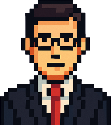 Hombre ejecutivo mirando a la cámara pixel art.
In-Game asset.  2d.  High contrast.  No shadows