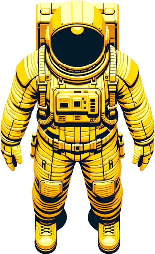 Create a top down view of an astronaut in a bright yellow space suit.
Single Game Texture. In-Game asset. 2d. Blank background. High contrast. No shadows.