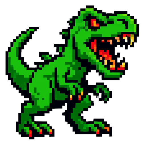 90'lardaki retro oyun dinazoru. vahşi olsun. yeşil renk olsun
In-Game asset.  2d.  High contrast.  No shadows