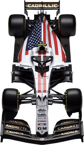 Photorealistic Cadillac F1 race car, top view.
Replace Cadillac text to golden coloured ,,Cadillaic" text on black rear wing.
Big American flag on white body. 
White ,,Andretti" and gm text on black front wing.