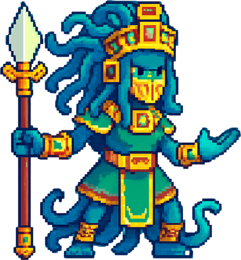Generame un guerrero meduza cone fectos de agua, que cura como mago, estilo pixelar, ambeintado a lo azteca.
In-Game asset.  2d.  High contrast.  No shadows