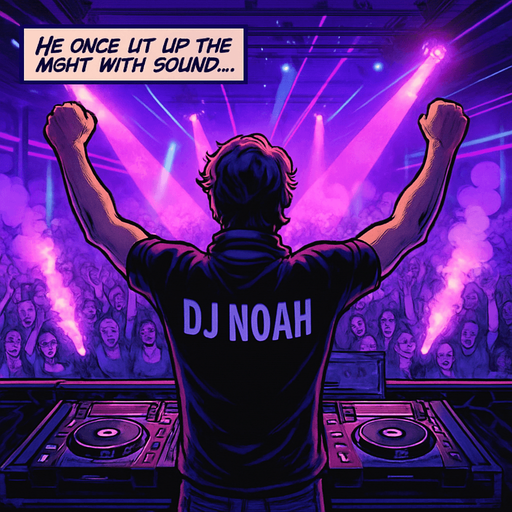 A realistic comic book style illustration, 2048x2048. From behind, DJ Noah stands on stage with arms raised, facing a cheering crowd. Neon lights in purples and blues flood the club. Spotlights, smoke, and a dynamic atmosphere. Add a semi-transparent narrator box in the top-left corner with the text: "He once lit up the night with sound..." in elegant comic book font..
In-Game asset.  2d.  High contrast.  No shadows