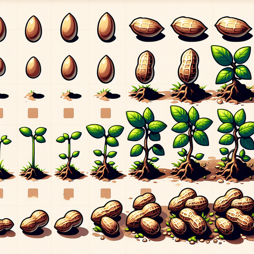 A spritesheet showing a peanutplant in various stages of germantion, from seed over sapling and to full grown plant with ripe peanuts. The sprites should be laid out in a rectangular grid with blank space between them..
Single Game Texture. In-Game asset. 2d. Blank background. High contrast. No shadows.