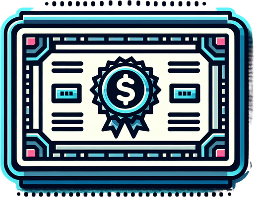 A colorfull horizontal rectangle shaped simple stock certificate icon with a badge and in perspective.
Single Game Texture. In-Game asset. 2d. Blank background. High contrast. No shadows.