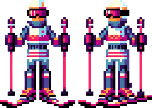 Pixel art of a Skiier. front view. side view..
In-Game asset. 2d. Blank background. High contrast. No shadows.