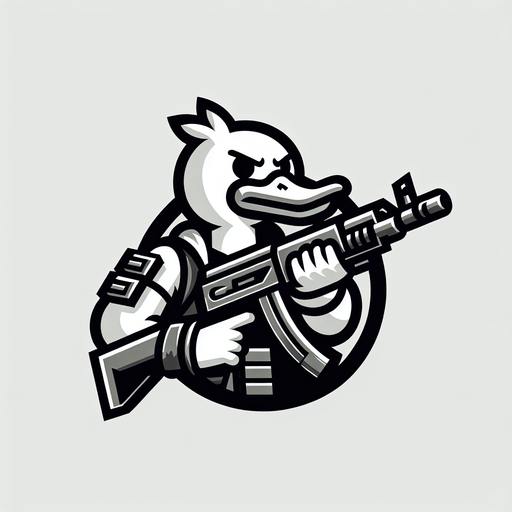 Duck with a gun title logo.
Single Game Texture. In-Game asset. 2d. Blank background. High contrast. No shadows.