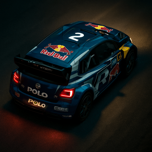 Photorealistic Volkswagen Polo R WRC Rallycar in nightlight, drone topview from back and 45 degrees angle in top right corner