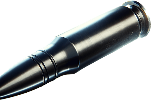 A high-speed enemy bullet in mid-flight, with a sleek, metallic surface reflecting light. The bullet is slightly blurred, showing its incredible speed and motion, cutting through the air. The background shows a dark, intense battlefield, with flashes of gunfire and smoke in the distance. The bullet leaves behind a small trail of air distortion or vapor, emphasizing its rapid movement. It has a sharp, pointed tip and appears to be shot from a modern military rifle, with its design sleek and aerodynamic..
Single Game Texture. In-Game asset. 2d. Blank background. High contrast. No shadows.
