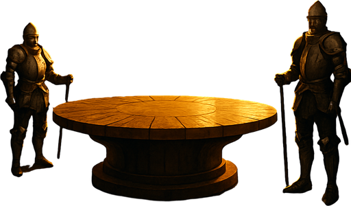 A medieval council chamber with a round oak table, banners of noble houses, armored guards, high windows filtering in golden light, reailstic.
In-Game asset.  2d.  High contrast.  No shadows