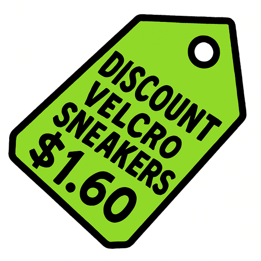 Green pricetag that says discount Velcro sneakers $1.60.
In-Game asset.  2d.  High contrast.  No shadows