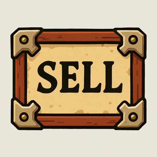 ortaçağ temalı buton üstünde SELL yazıyor.
In-Game asset.  2d.  High contrast.  No shadows
