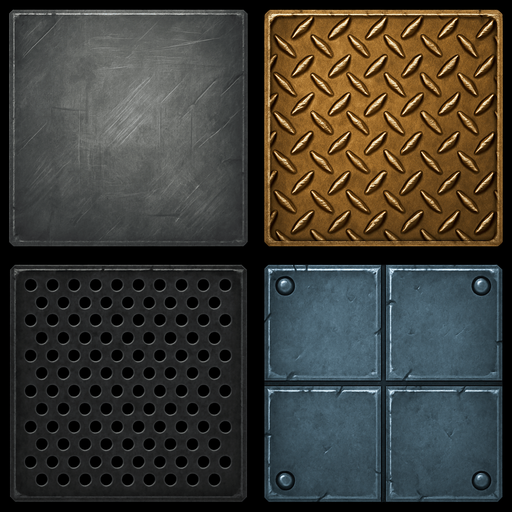 Different metal backgrounds, square.
In-Game asset.  2d.  High contrast.  No shadows
