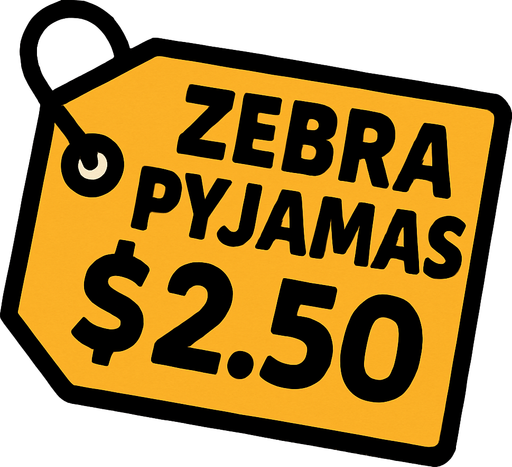 Price tag that says Zebra Pyjamas $2.50.
In-Game asset.  2d.  High contrast.  No shadows