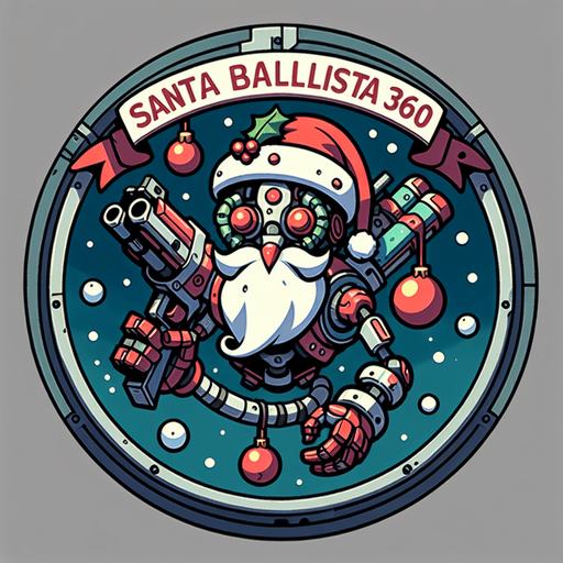 Icon for a mechanical arm, on a circle, with the text „Santa Ballista 360“ at top, cartoon, christmas style Single Game Texture. In-Game asset. 2d. Blank background. High contrast. No shadows.