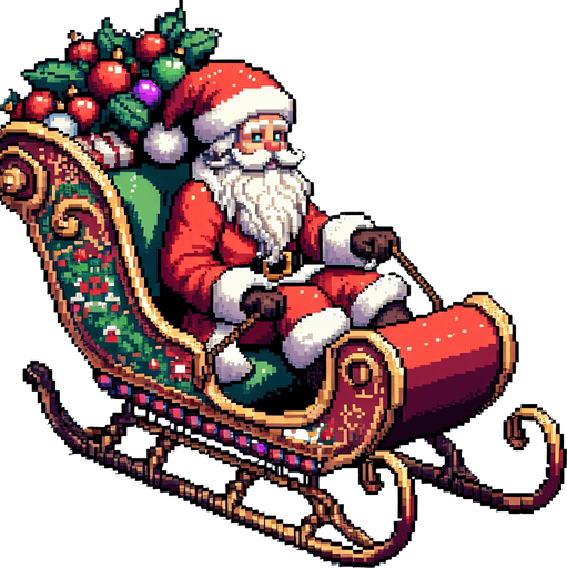 pixelart. christmas. santa in sleigh. from the side. flying. Single Game Texture. In-Game asset. 2d. Blank background. High contrast. No shadows.
