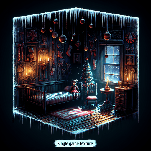 Eerie Christmas-inspired doll room similar to a resident evil room
Single Game Texture. In-Game asset. 2d. Blank background. High contrast. No shadows.