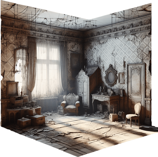 Creepy abandoned house, interior
Single Game Texture. In-Game asset. 2d. Blank background. High contrast. No shadows.