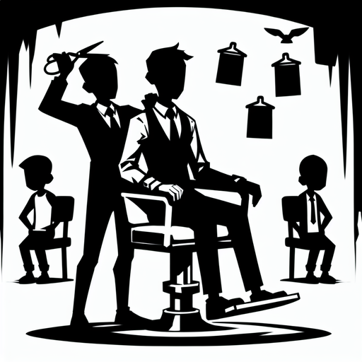 sandalyede oturan ve saçını kestirmeyi bekleyen bir müşteri.
Single Game Texture.  In-Game asset.  2d.  Blank background.  High contrast.  No shadows