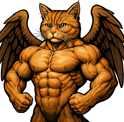 bodybuilder realistic cat with wing.
In-Game asset.  2d.  High contrast.  No shadows