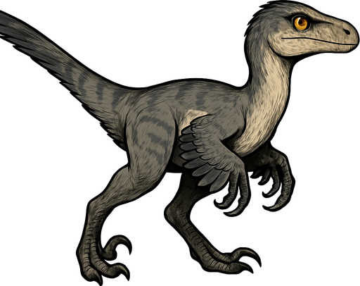 A small and agile Velociraptor dinosaur covered in smooth, sleek feathers in muted tones of gray and tan, with darker stripes along its back. The arms have wing-like feathers, and the long tail is fully feathered for balance. Its narrow head features a slightly curved snout, sharp teeth, and intelligent, bright eyes. The feet have curved sickle-shaped claws, emphasizing its speed and deadly precision. Real style.
In-Game asset.  2d.  High contrast.  No shadows