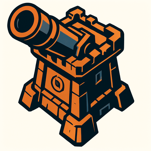 torre con un cañon gigante desde arriba.
In-Game asset.  2d.  High contrast.  No shadows
