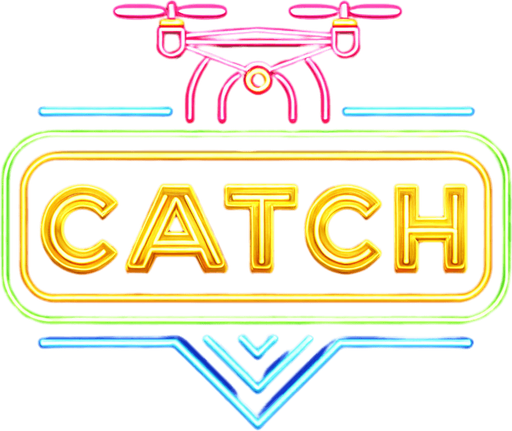 retro sign that says "catch" with an flying drone symbol in neon colors..
Single Game Texture. In-Game asset. 2d. Blank background. High contrast. No shadows.