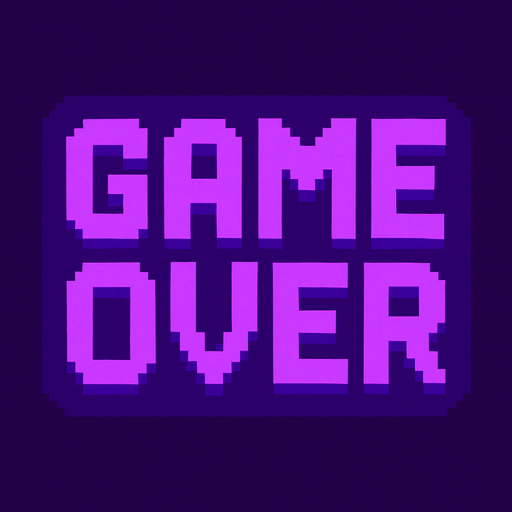 Pixel art “Game Over” text, bold retro arcade style, purple tones, glitch-free, clean and dramatic for rhythm game UI..
In-Game asset.  2d.  High contrast.  No shadows