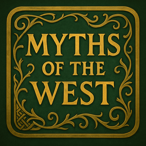 Kare ama köşeleri oval bir banner. LOTR tarzı. Yeşil ve altın sarısı ağırlıklı. İçinde "Myths of the West" yazıyor.