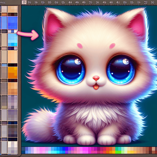 3d cute fluffy colourful kitten big glowing blue eyes.
Single Game Texture. In-Game asset. 2d. Blank background. High contrast. No shadows.