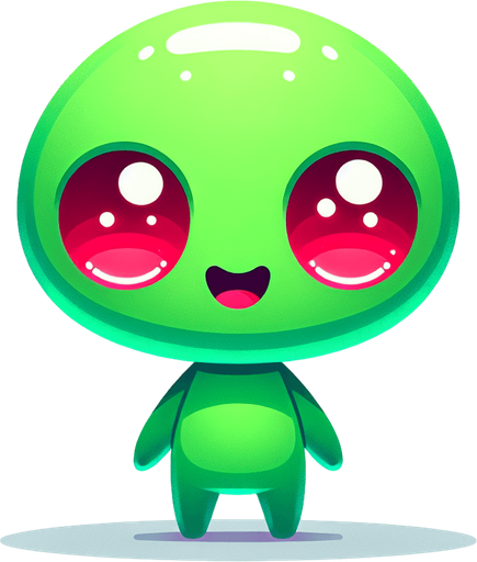 Green alien cartoon. Red eyes. Cute, smiling. Blank background. High contrast. No shadows.