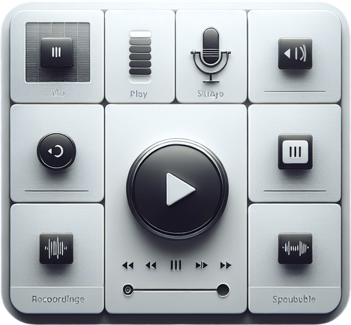 A clean and minimalistic interface for a voice recorder app, featuring a 2x2 grid layout. Each grid square represents a recording file, displayed as large, distinct tiles. Each tile includes a simple circular play button in the center, with a subtle waveform icon or progress bar beneath it to represent the audio. The background is a soft gradient of light grey to white, ensuring clarity and focus on the files. The design is modern and functional, with smooth edges and a clean UI aesthetic for a professional and user-friendly experience..
Single Game Texture. In-Game asset. 2d. Blank background. High contrast. No shadows.