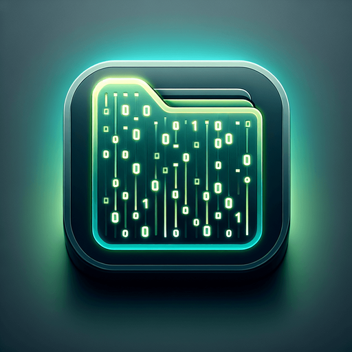 A square folder icon with rounded edges, designed to represent a storage app for binary files. The folder graphic in the center is smooth and minimalistic, featuring faint, glowing neon accents in matrix green to suggest a post-apocalyptic and tech-savvy theme. Subtle rows of binary digits ('0' and '1') are faintly integrated into the folder's surface, blending seamlessly with the design. The background is a clean gradient transitioning from dark grey to soft teal, evoking a sense of advanced technology and digital precision. The overall appearance is sleek, professional, and minimalistic, making it suitable as a 2D game asset with a blank, high-contrast background and no shadows.