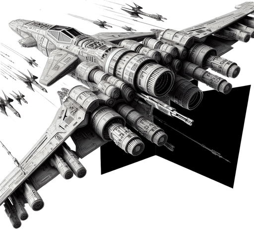 military spaceship flies upward.
Single Game Texture. In-Game asset. 2d. Blank background. High contrast. No shadows.