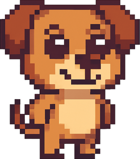 El perro debe ser un personaje adorable y expresivo en estilo pixel art, con cuerpo compacto y simpático, orejas grandes (pueden ser caídas o puntiagudas según la raza), ojos redondos y brillantes que transmitan alegría, y una cola visible que se mueva suavemente; su pelaje puede ser marrón, beige, blanco o una combinación simple de colores, con un diseño caricaturesco fácil de reconocer; debe estar de pie sobre dos patas traseras como un personaje antropomorfo, con una leve sonrisa y movimiento de balanceo o parpadeo como animación sutil; el fondo debe ser transparente y su estilo visual debe encajar en un juego casual, amigable y colorido..
In-Game asset.  2d.  High contrast.  No shadows