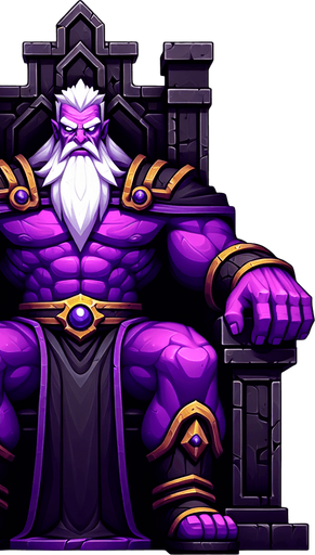 Giant muscular evil wizard with purple skin and a menacing scowl sitting in a black throne..
Single Game Texture. In-Game asset. 2d. Blank background. High contrast. No shadows.