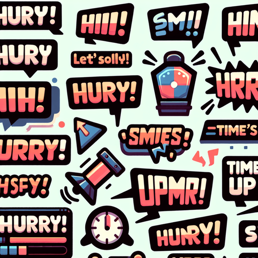 Multiple stylized texts with phrases that include “Hurry!” “Time’s up!” Cartoon style..
Single Game Texture. In-Game asset. 2d. Blank background. High contrast. No shadows.