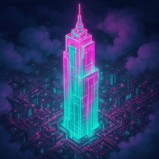 Massive futuristic neon hologram skyscraper top down isometric poking out of clouds from above elaborate cyberpunk architecture glowing pink green projection hologram 3d
