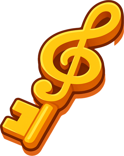 a delicious looking isometric symphony shaped golden key drawn as a 2D illustration for a cute mobile game.
In-Game asset.  2d.  High contrast.  No shadows