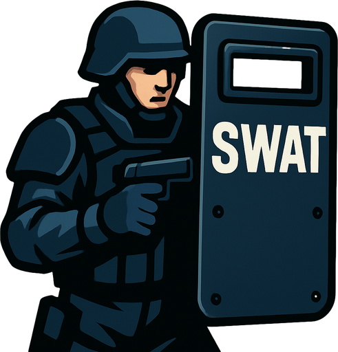 holding shield swat.
In-Game asset.  2d.  High contrast.  No shadows. panaromic