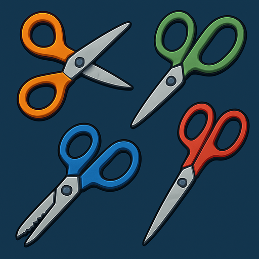 Pack of different scissors.
In-Game asset.  High contrast.  No shadows. 3D