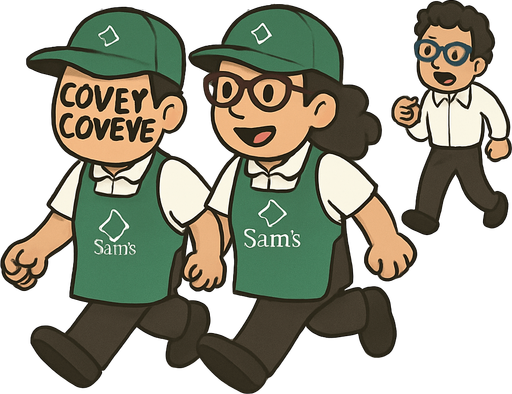 Los dos persoanjes que van corriendo tienen que llevar ropa similar, la cual es Mandil verde con logo de sams club, al igual que la gorra.
Playera blanca de polo y pantalones negros.
La chica usa lentes y el molote es mas pequeño.
Que los colores sean mas claros, no quiero ese tono sepia