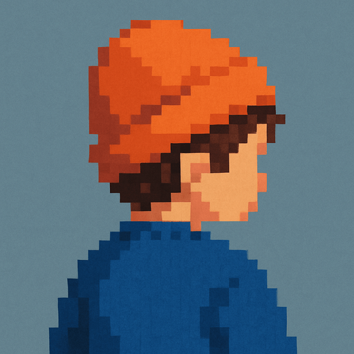 pixel mavi kazaklı yüzü dönük çocuk yap. beresi turuncu olsun
