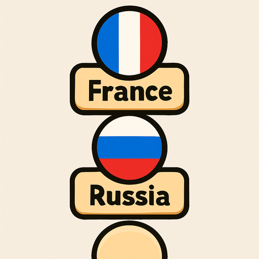 A flat, 2D game UI-style asset showing a vertical set of three country pins labeled: "France "Russia". Each pin includes a circular flag icon above the text label. The layout is columnar, cartoonish, and visually clean. Each pin should be exportable or usable individually for a mobile game's level selection screen..
In-Game asset.  2d.  High contrast.  No shadows