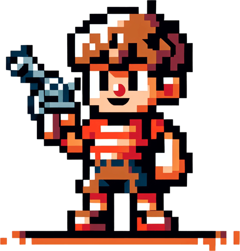 Make an 8 bit boy with a gun.
Single Game Texture.  In-Game asset.  2d.  Blank background.  High contrast.  No shadows