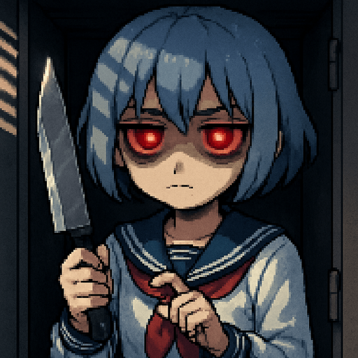 Stella is a 15-year-old anime girl—sweet and incredibly kawaii—with short, soft hair in a bluish-gray tone (HEX: #b0b9d8) and deep black eyes. She wears a traditional Japanese school uniform, the classic sailor-style fuku. In her right hand, she holds a butcher knife. Her expression is serious, and her eyes, now glowing with an intense yandere red, reflect jealousy and obsession. Dark under-eye circles emphasize her unsettling gaze.

She is inside a high school locker in a Japanese school. Her right hand is slightly raised, gripping the knife, while her left hand gently touches the blade with her index finger, mimicking the motion of a clock hand—adding to the eerie atmosphere. To emphasize the feeling of being inside the locker, soft light shines through the ventilation slits, casting dramatic shadows across her face.

The entire scene is rendered in detailed Pixel Art style, enhancing both the cuteness and the unsettling atmosphere of the character and setting.